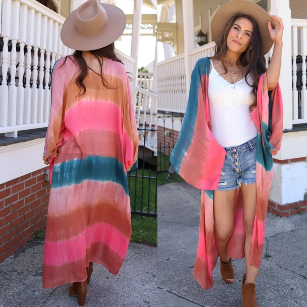 New Tie Dye Kimono Swim Cover Up Cardigan Duster - Picture 4 of 6